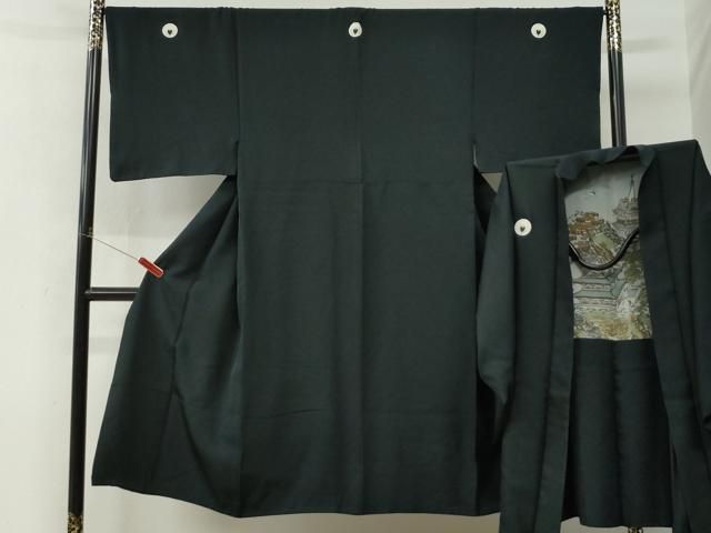 平和屋着物●男性　黒紋付　羽織セット　羽裏：飛鶴京風景文　正絹　逸品　CABM4636yc