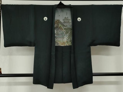 平和屋着物●男性　黒紋付　羽織セット　羽裏：飛鶴京風景文　正絹　逸品　CABM4636yc