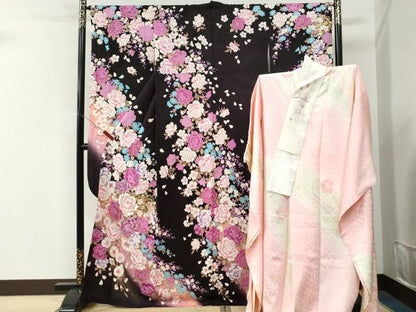 平和屋着物●豪華振袖・長襦袢セット　牡丹舞桜文　ラメ糸　ラインストーン　暈し染め　金彩　半衿刺繍　正絹　逸品　CABM4637yc