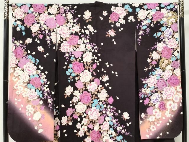 平和屋着物●豪華振袖・長襦袢セット　牡丹舞桜文　ラメ糸　ラインストーン　暈し染め　金彩　半衿刺繍　正絹　逸品　CABM4637yc