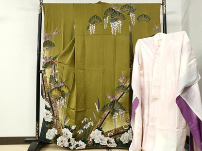 平和屋着物●豪華振袖・長襦袢セット　刺繍　牡丹枝垂れ花松文　金彩　半衿刺繍　正絹　逸品　CABM4638yc
