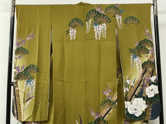 平和屋着物●豪華振袖・長襦袢セット　刺繍　牡丹枝垂れ花松文　金彩　半衿刺繍　正絹　逸品　CABM4638yc