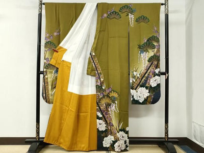 平和屋着物●豪華振袖・長襦袢セット　刺繍　牡丹枝垂れ花松文　金彩　半衿刺繍　正絹　逸品　CABM4638yc