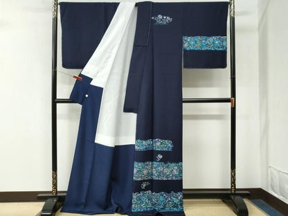 平和屋着物●国選定　阿波藍　天然灰汁建　訪問着　更紗花唐草文　反端付き　ロング丈　正絹　逸品　未使用　CABM4652yc