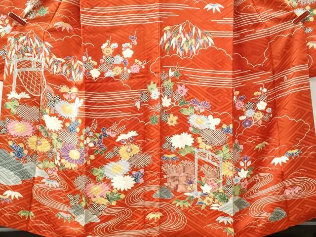 平和屋着物●和染紅型　栗山紅型　栗山吉三郎　振袖　流水菊花文　正絹　逸品　CABM4660yc
