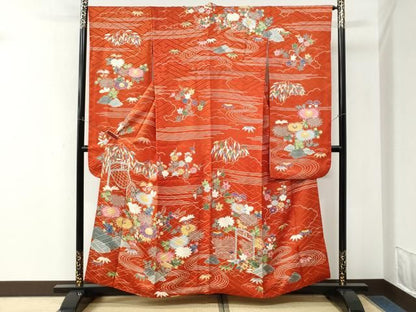平和屋着物●和染紅型　栗山紅型　栗山吉三郎　振袖　流水菊花文　正絹　逸品　CABM4660yc