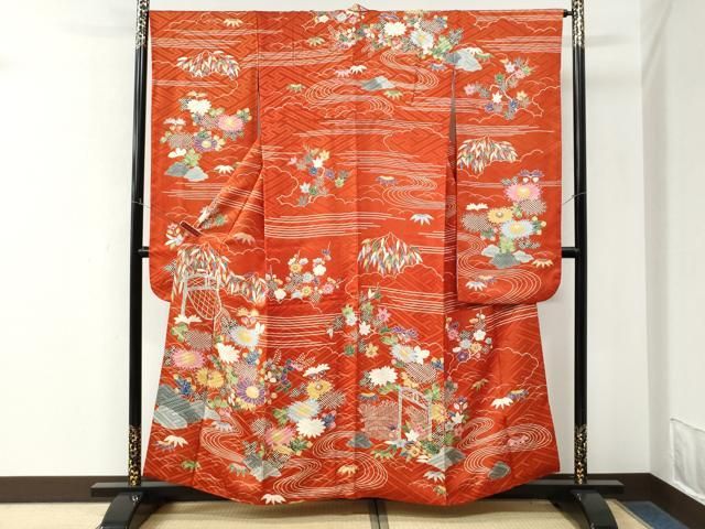 平和屋着物●和染紅型　栗山紅型　栗山吉三郎　振袖　流水菊花文　正絹　逸品　CABM4660yc