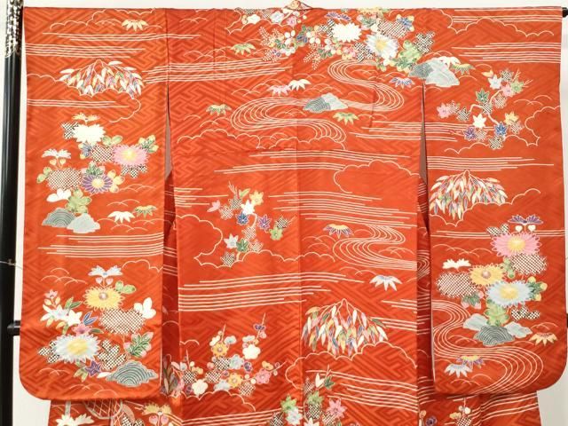 平和屋着物●和染紅型　栗山紅型　栗山吉三郎　振袖　流水菊花文　正絹　逸品　CABM4660yc
