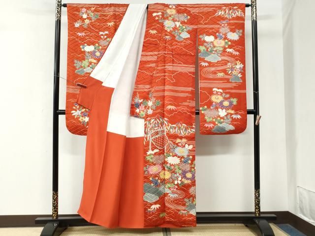 平和屋着物●和染紅型　栗山紅型　栗山吉三郎　振袖　流水菊花文　正絹　逸品　CABM4660yc