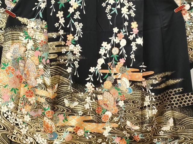 平和屋着物●豪華振袖　流水花蝶文　黒地　金彩　正絹　逸品　CABM4671yc