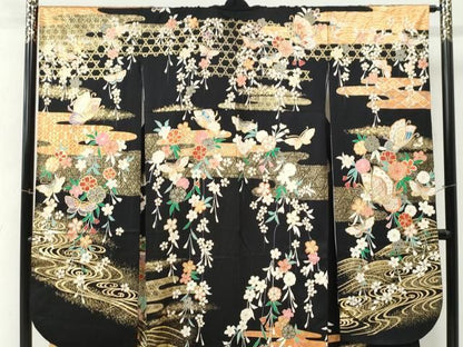 平和屋着物●豪華振袖　流水花蝶文　黒地　金彩　正絹　逸品　CABM4671yc