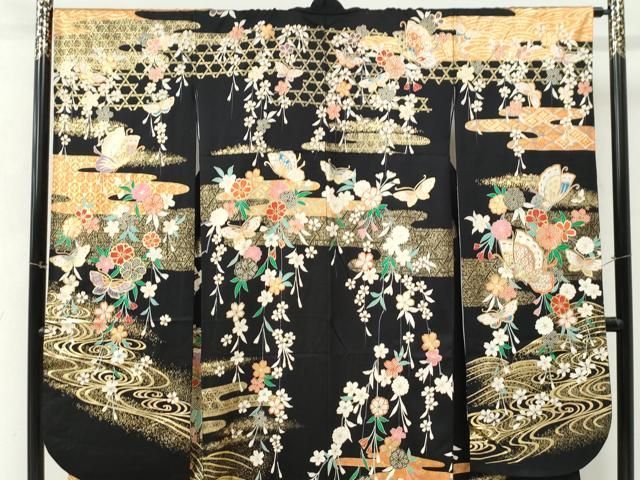平和屋着物●豪華振袖　流水花蝶文　黒地　金彩　正絹　逸品　CABM4671yc