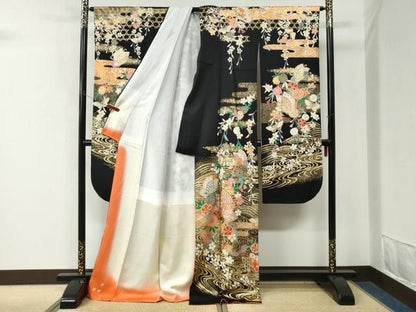 平和屋着物●豪華振袖　流水花蝶文　黒地　金彩　正絹　逸品　CABM4671yc