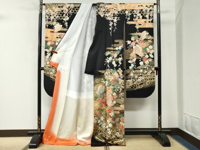 平和屋着物●豪華振袖　流水花蝶文　黒地　金彩　正絹　逸品　CABM4671yc