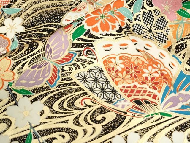 平和屋着物●豪華振袖　流水花蝶文　黒地　金彩　正絹　逸品　CABM4671yc