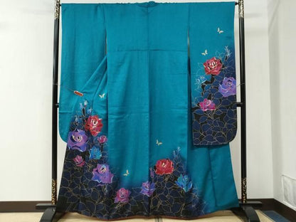 平和屋着物●豪華振袖　薔薇　花蝶文　暈し染め　銀通し地　正絹　逸品　CABM4674yc
