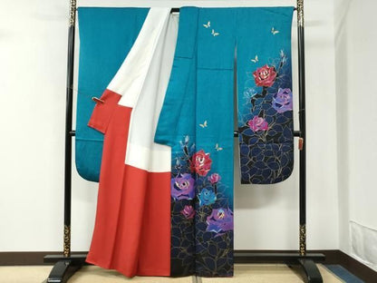 平和屋着物●豪華振袖　薔薇　花蝶文　暈し染め　銀通し地　正絹　逸品　CABM4674yc