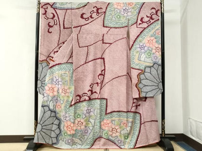 平和屋着物●名門　藤娘きぬたや・総絞り　振袖　青海波花唐草文　金彩　正絹　逸品　CABM4675yc