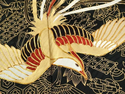 平和屋着物●豪華振袖　駒刺繍　鳳凰宝尽くし笹松文　黒地　金彩　正絹　逸品　未使用　CABM4686yc