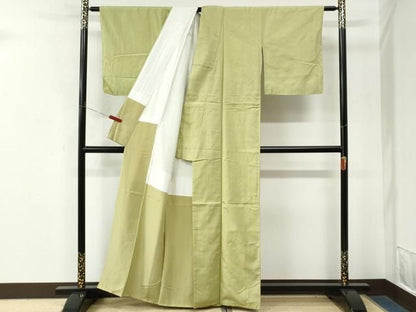 平和屋着物●結城紬　色無地　若苗色　正絹　逸品　CABM4688yc