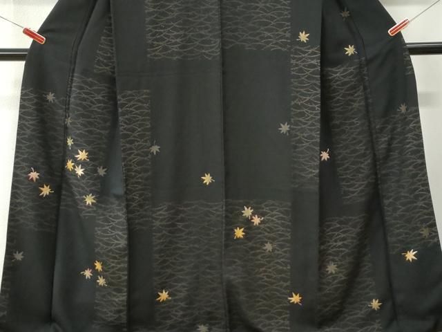 平和屋着物●訪問着　変わり市松露芝楓文　黒地　金彩　正絹　逸品　CABM4692yc