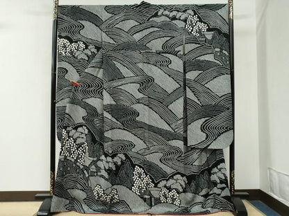 平和屋着物●豪華振袖　総絞り　流水樹林風景文　黒地　正絹　逸品　CABM4696yc