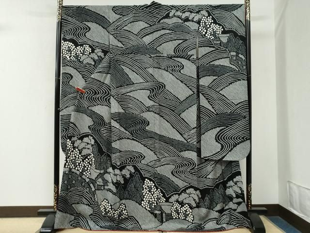 平和屋着物●豪華振袖　総絞り　流水樹林風景文　黒地　正絹　逸品　CABM4696yc
