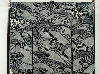 平和屋着物●豪華振袖　総絞り　流水樹林風景文　黒地　正絹　逸品　CABM4696yc