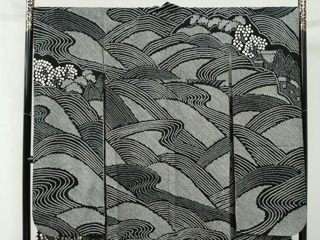 平和屋着物●豪華振袖　総絞り　流水樹林風景文　黒地　正絹　逸品　CABM4696yc