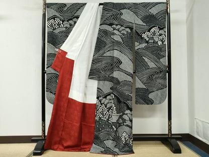 平和屋着物●豪華振袖　総絞り　流水樹林風景文　黒地　正絹　逸品　CABM4696yc