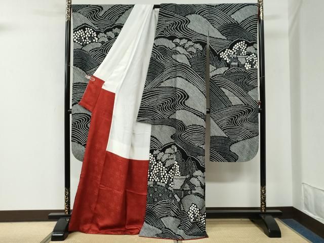 平和屋着物●豪華振袖　総絞り　流水樹林風景文　黒地　正絹　逸品　CABM4696yc