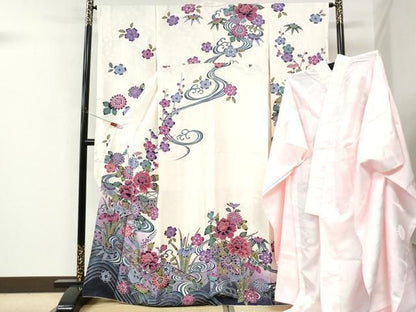 平和屋着物●豪華振袖・長襦袢セット　型染め　流水牡丹葵花唐草文　暈し染め　正絹　逸品　CABM4703yc