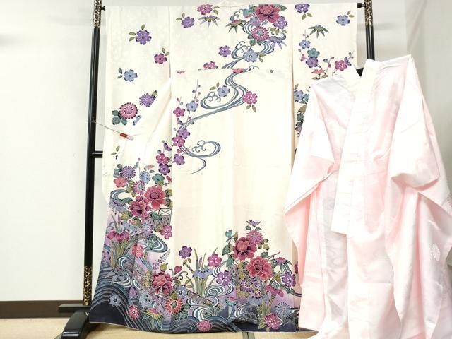 平和屋着物●豪華振袖・長襦袢セット　型染め　流水牡丹葵花唐草文　暈し染め　正絹　逸品　CABM4703yc