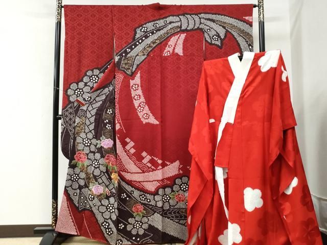 平和屋着物●豪華振袖・長襦袢セット　駒刺繍　絞り　束ね熨斗牡丹舞花文　ラメ糸　金彩　正絹　逸品　CABM4705yc