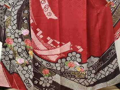 平和屋着物●豪華振袖・長襦袢セット　駒刺繍　絞り　束ね熨斗牡丹舞花文　ラメ糸　金彩　正絹　逸品　CABM4705yc