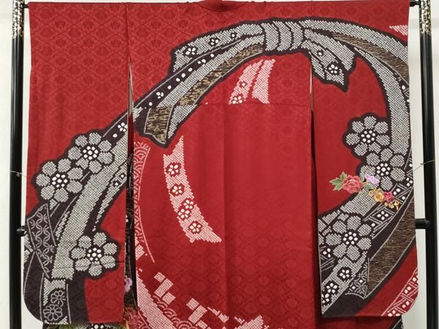 平和屋着物●豪華振袖・長襦袢セット　駒刺繍　絞り　束ね熨斗牡丹舞花文　ラメ糸　金彩　正絹　逸品　CABM4705yc