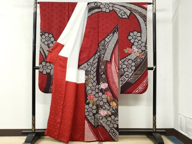 平和屋着物●豪華振袖・長襦袢セット　駒刺繍　絞り　束ね熨斗牡丹舞花文　ラメ糸　金彩　正絹　逸品　CABM4705yc
