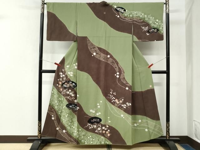 平和屋着物●十日町　名門　滝泰謹製　訪問着　絞り　地紙浜松万寿菊草花文　金彩　正絹　逸品　CABM4744yc