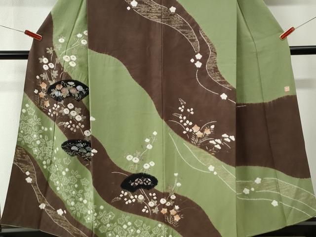 平和屋着物●十日町　名門　滝泰謹製　訪問着　絞り　地紙浜松万寿菊草花文　金彩　正絹　逸品　CABM4744yc