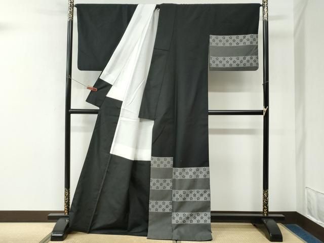 平和屋着物●訪問着　紬地　横段舞花文　黒地　正絹　逸品　CABM4751yc