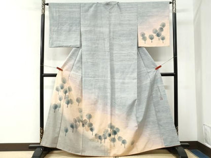 平和屋着物●訪問着　紬地　紅花染　樹林文　やまがおり工房　二郎作　正絹　逸品　CABM4783yc