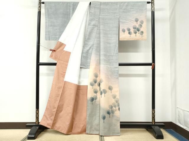 平和屋着物●訪問着　紬地　紅花染　樹林文　やまがおり工房　二郎作　正絹　逸品　CABM4783yc