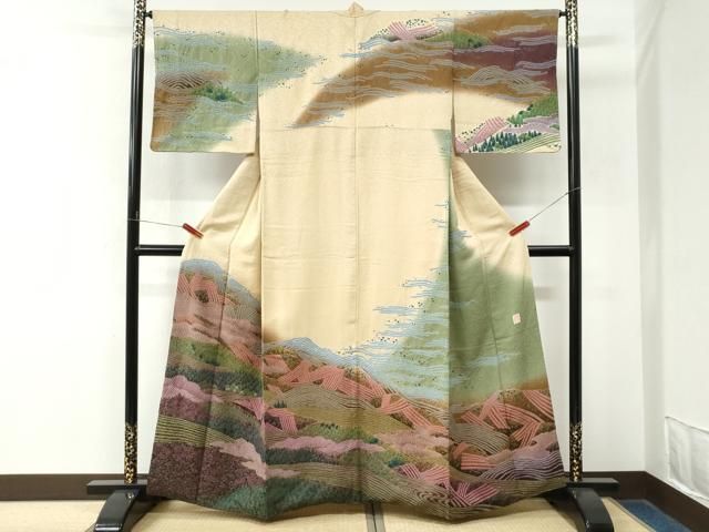平和屋着物●十日町 名門 滝泰謹製 中国三大刺繍 相良刺繍 訪問着 朧染め 重ね絞り 樹林文 暈し染め 金通し地 正絹 逸品 CABM4792yc