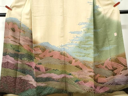 平和屋着物●十日町 名門 滝泰謹製 中国三大刺繍 相良刺繍 訪問着 朧染め 重ね絞り 樹林文 暈し染め 金通し地 正絹 逸品 CABM4792yc