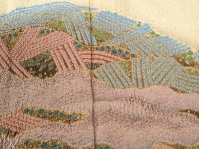 平和屋着物●十日町 名門 滝泰謹製 中国三大刺繍 相良刺繍 訪問着 朧染め 重ね絞り 樹林文 暈し染め 金通し地 正絹 逸品 CABM4792yc