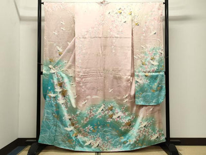 平和屋着物●豪華振袖　駒刺繍　群鶴花文　暈し染め　金銀彩　正絹　逸品　CABM4933gh
