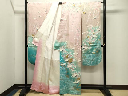 平和屋着物●豪華振袖　駒刺繍　群鶴花文　暈し染め　金銀彩　正絹　逸品　CABM4933gh