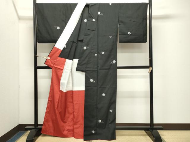 平和屋着物●上質な紬　絞り　糸車　黒地　正絹　逸品　CABM4939gh