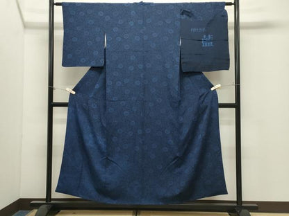 平和屋着物●訪問着　藍　型染め　花唐草文　鬼しぼ縮緬　反端付き　正絹　逸品　CABM4950gh