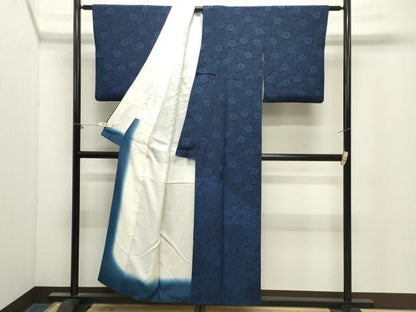 平和屋着物●訪問着　藍　型染め　花唐草文　鬼しぼ縮緬　反端付き　正絹　逸品　CABM4950gh